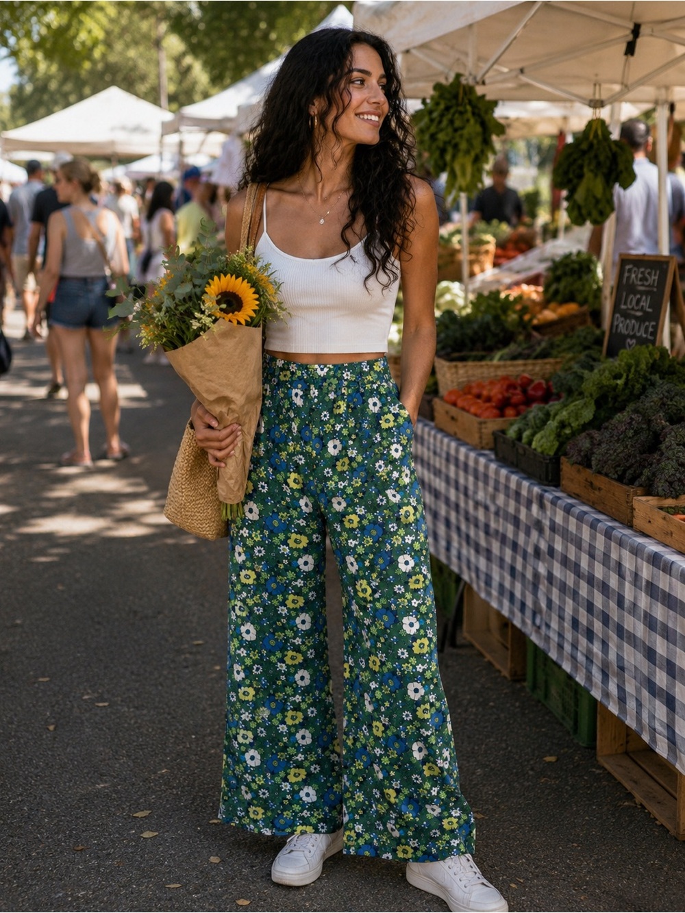 Free People Blue & Green Floral Menocra Wide-Leg Pants Sz 2